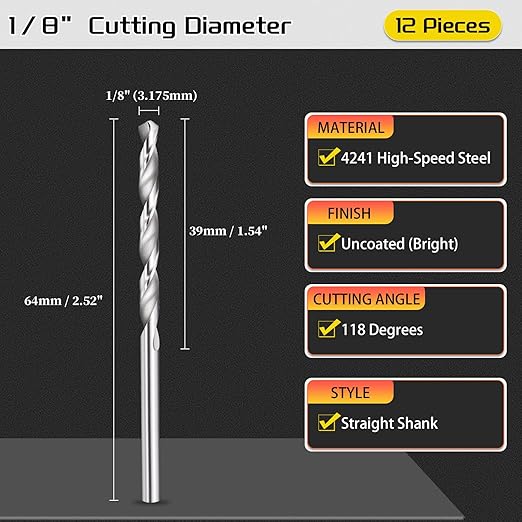 Drill Bit, 1/8" Cutting Diameter, 4241 HSS 118° Cutting Angle Uncoated Bright Versatile Jobber Bits - (Applications: for Drilling Plastic Wood Soft Metal), 12-Pieces