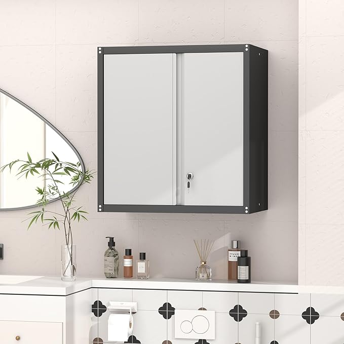 GREATMEET 27.95" H Lockable Storage Cabinet, Metal Garage Storage Cabinets, Wall Storage Cabinet for Utility Room, Black&Grey