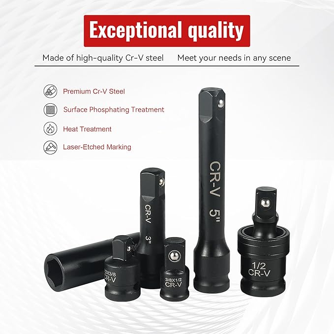 25-Piece 1/2" Drive Socket Set, SAE (3/8"- 1-1/2"), Deep Sockets, Extension Bars, 1/2" F to 3/8" M Reducer,3/8" F to 1/2" M Reducer, Universal Joint, 6 Point Design, Cr-V