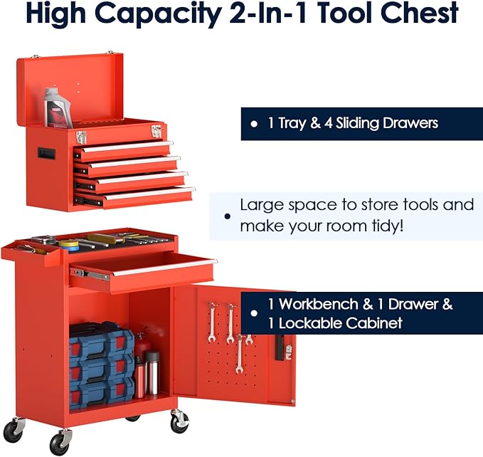 Tool Box with Wheels, 5-Drawer High Capacity Tool Chest with Wheels, Removable Storage Toolbox with Lock for Garage, Workshop and Room Use(Red)