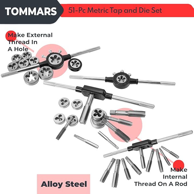 TOMMARS 51-Pc M6 to M24 Jumbo Tap and Die Set Metric Round Threading Dies for Threading and Rethreading Internal and External Threads