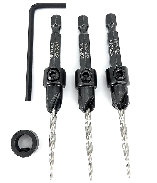 FTG USA Countersink Drill Bit Set for Wood with Tapered Drill Bit 3 Pc #6 (9/64")