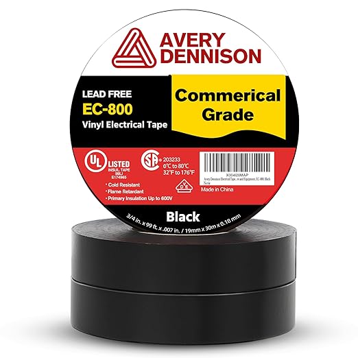 Avery Dennison Electrical Tape, 3 Rolls Commercial Grade PVC Electric Tape, UL/CSA Listed ¾ in x 99 ft Insulating Vinyl Tape for Electrical, Repairs, Automotive and Equipment, EC-800, Black