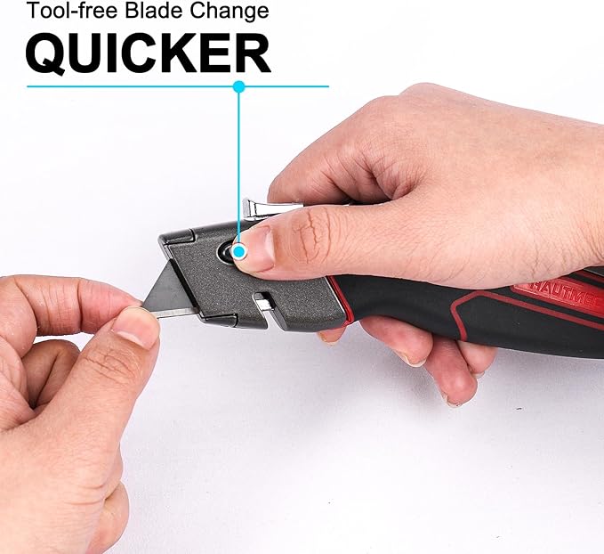 HAUTMEC Heavy-Duty Utility Knife, Safety Box Cutter with Auto-Retracting & 3-Position Locking Dual-System, Built-In Wire Stripper, Blade Storage and 3 Ultra-sharp SK4 Blades – HT0311