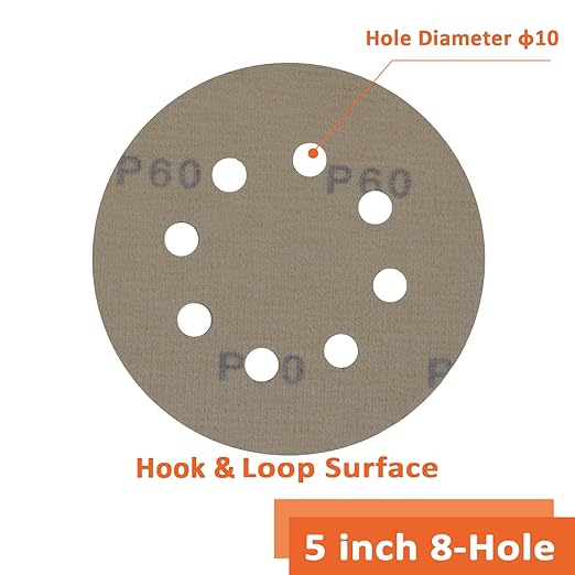 Orbital Sandpaper 5 Inch 8 Holes 60 Grit Sander Discs,Hook and Loop Wet/Dry Gold Replacement Sandpaper,Suitable for Wood,Plastic Grinding and Polishing,Pack of 50