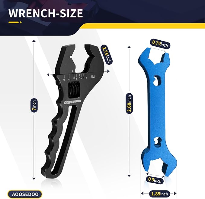 Adjustable AN Fittings Wrench AN Wrench for AN Hose Fitting Adapters AN Fitting Tool 3AN-16AN Lightweight Aluminum Black. With a 6AN-AN8 Double Hose End Fitting Wrench Blue