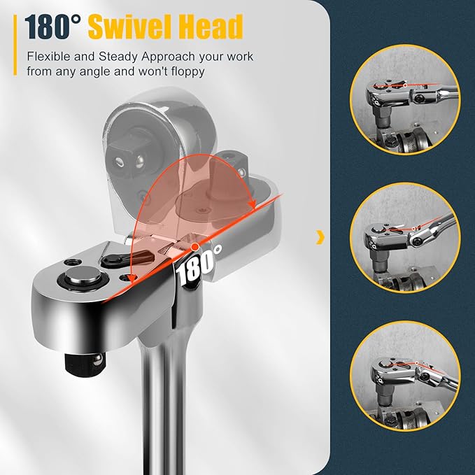6-Piece Flex Head Ratchet Set, 1/4", 3/8", 1/2" Drive, Swivel Head Ratchet Wrench with Extension Bar, 72 Tooth, 180° Adjustable, Quick-Release, Flexible Ratchet Handle with EVA Foam