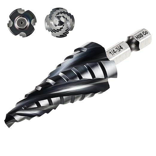 ZELCAN 9 Sizes M35 Cobalt Step Drill Bit, 1/4" to 3/4" Four Spiral Flute Step Drill Bit for Metal, Titanium-Coated HSS Step Bit with 1/4" Hex Shank for Stainless Steel Aluminum Copper Wood Plastic