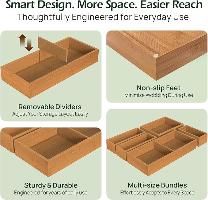 5-Piece Bamboo Drawer Organizer Set, 2.2" Deep | Multi-Use Organizers for Utensils, Silverware, Cutlery, Desk, Bathroom, Junk Drawer & Makeup, Non-Slip Feet Included.