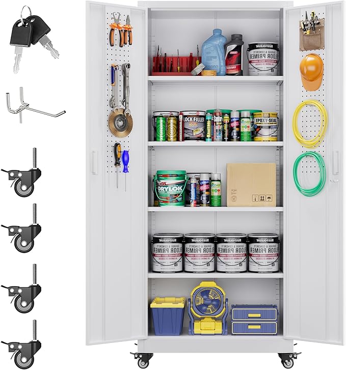 Aobabo 73''H Metal Garage Storage Cabinet with Wheels and Pegboards, 4 Adjustable Shelves Steel Storage Cabinets for Home,Warehouse,Garage,Assembly Required,White
