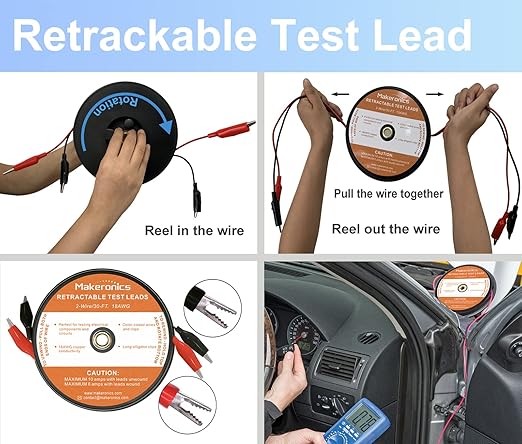 Makeronics 2 Wires 30FT 18AWG Retractable Test Leads with Roll-up Storage Pouch and Dual Ended Electrical Alligator Clips Test Probe Lead Wire Cables for Circuit Connection/Electrical Testing