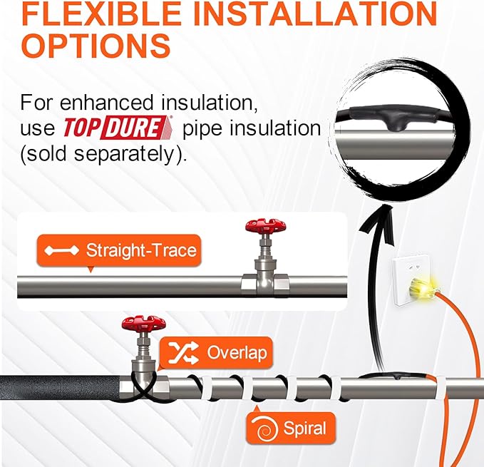 Trusted Heating Cable for Pipe Freeze Protection, Self-Regulating Pipe Heating Tape for Metal and Plastic Pipes, Energy-Saving Water Pipe Heat Cable Keeps Water Flowing at -40°F, 3Ft, 120V