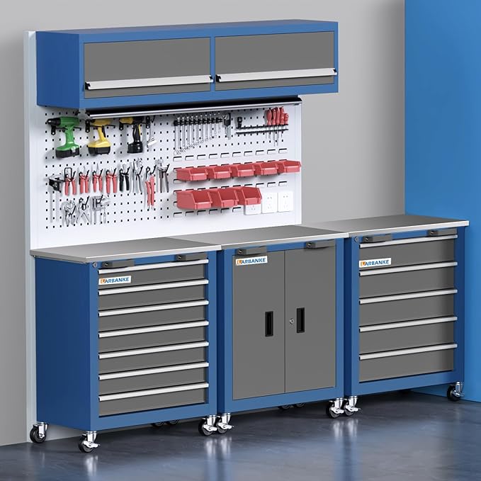 Tool Chest with Wheels and 4 Pad Feet,Tool Chest with 2 Doors and Adjustable Shelves,Lockable Steel Chest for Garage,Home and Office,can be Combined to Large Cabinet Set
