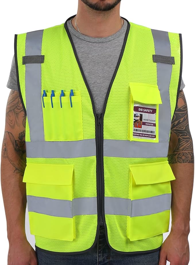 Dib Safety Reflective Vest Mesh, High Visibility Vest with Pockets and Zipper, Construction Work Vest ANSI Class 2, Yellow Mesh XL
