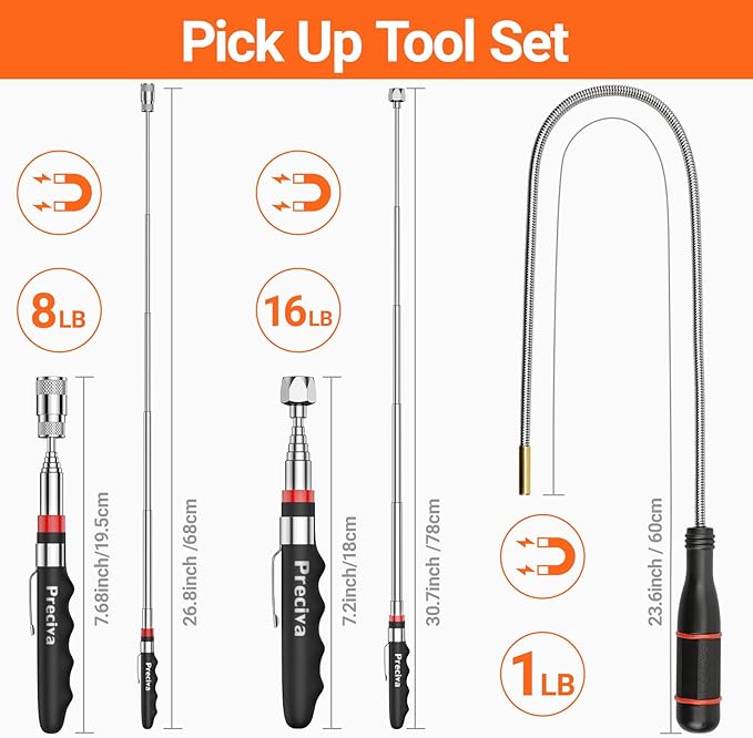 Preciva Telescoping Magnetic Pickup Tool Set - with 16 lb Pick Up Sticks, Telescoping Flexible LED Flashlight, Flexible Magnet Pick Up Sweeper - Fathers Day Christmas Day Gifts for Men