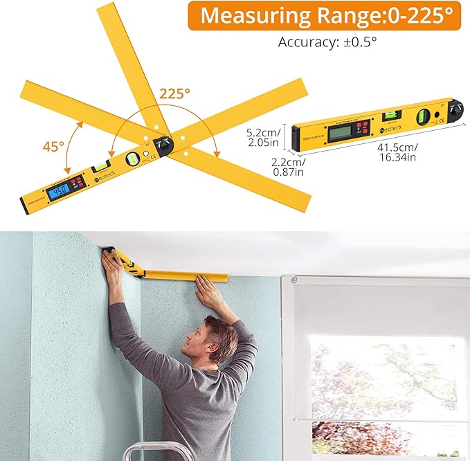 Neoteck 225° 16 inch Digital Angle Finder Aluminum Protractor with LCD Backlight Digital Angle Measuring Tool with Horizontal and Vertical Bubble for Woodworking, Construction, Machinery - Golden