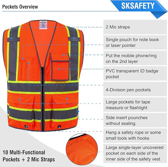 SKSAFETY 10 Pockets Safety Vest, Class 2 High Visibility Security with Zipper Back Mesh, Hi Vis Vest with Reflective Strips, ANSI/ISEA Standard, Construction Work Vest for Men ＆ Women （Orange, 5XL）
