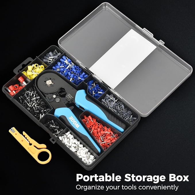 WGGE Ferrule Crimping Tool Kit, AWG 23-7 Self-adjustable Ratchet Wire Ferrule Crimper Plier Set with 1200pcs Wire Terminals Crimping Connectors Wire Ends Ferrules