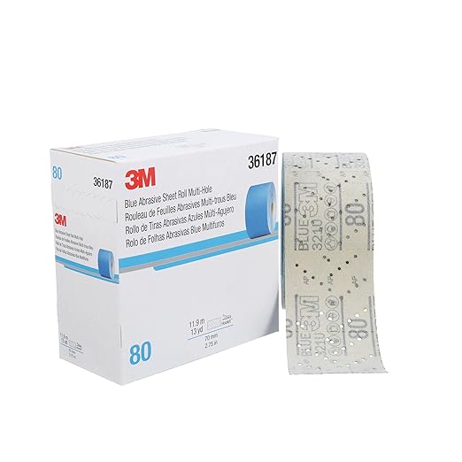 3M Hookit Blue Abrasive Sheet Roll, 36187, Multi-Hole, 2.75 in x 13 yd, 80+ Grade, Automotive Sanding Roll Sandpaper for Coating Removal, Body Repair, Auto Sanding