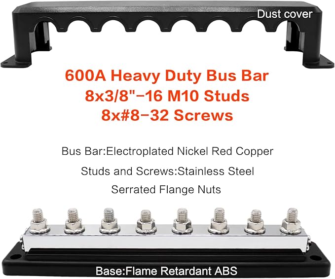 600 A High Current Copper Bus Bar 300V AC / 48V DC 8 Way 3/8 inch (M10) Studs 8#8-32 Screws Electrical Terminal Ground Distribution Block Battery Buss Bars with Cover (Black)