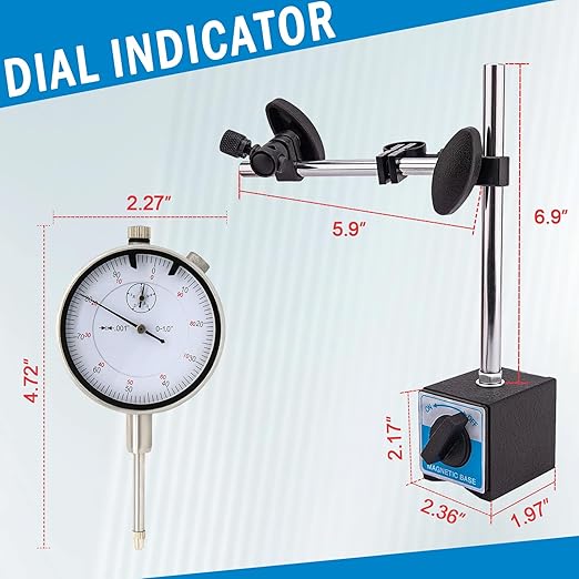 Dial Indicator with Magnetic Base and Point Precision Inspection Set, Dial Test Indicator Long Arm 0-1" Professional Gauge 0.001", Magnetic Dial Indicator Base Holder with Fine Adjustment, by NAKAO