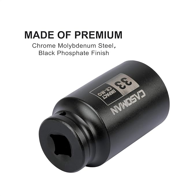 CASOMAN 1/2" Drive x 33 mm Deep 6 PT Impact Socket, CR-MO, 1/2-inch Drive 6 Point Axle Nut Socket for Easy Removal of Axle Shaft Nuts (33MM)