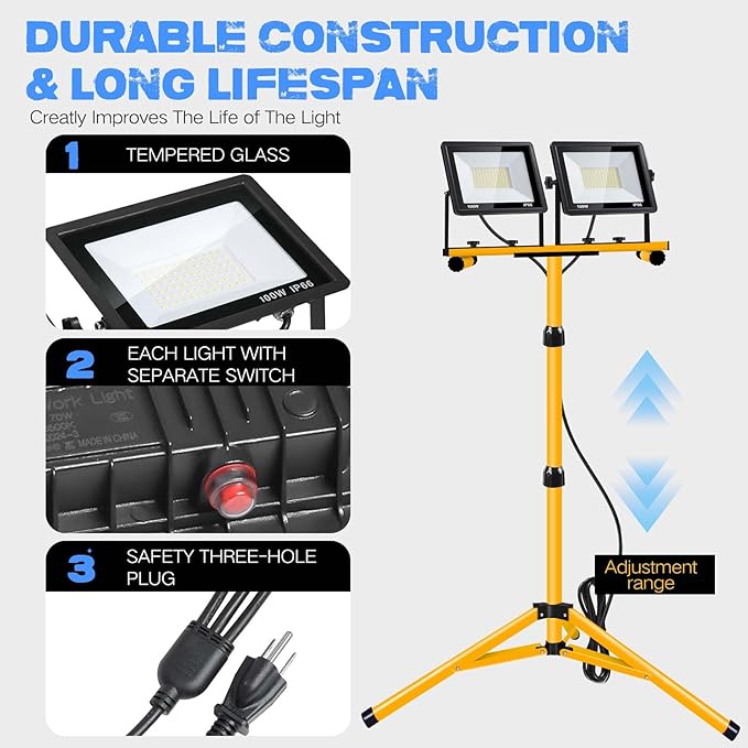 21000 Lumen Work Lights with Stand, 3 Adjustable Head LED Work Light, with Adjustable and Foldable Tripod Stand, Waterproof Lamp with Individual Switch with 6500 Kelvin Color (2-Head-Yellow)