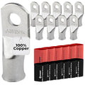 SELTERM 10pcs - 3/0 Awg - 3/8" Stud - Battery Lugs - Ring Terminal Connectors with 12pcs 3:1 Black & Red Heat Shrink Tubing with Adhesive | Heavy Duty Battery Cable Ends - Tinned Copper Wire Lugs Kit