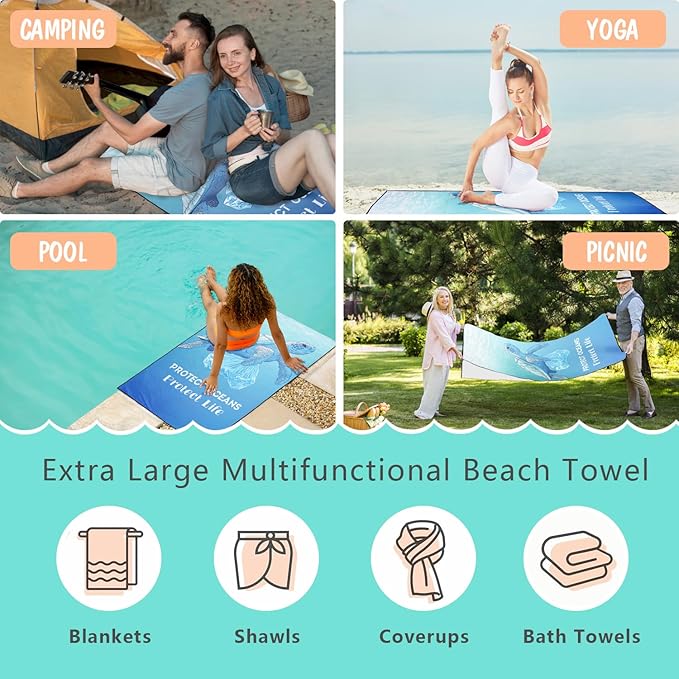 Protect Sea Animals Beach Towel Oversized 36" x 72", Thin Lightweight Sand Free Quick Dry Microfiber Towel for Swimming Pool Cruise Camping Travel