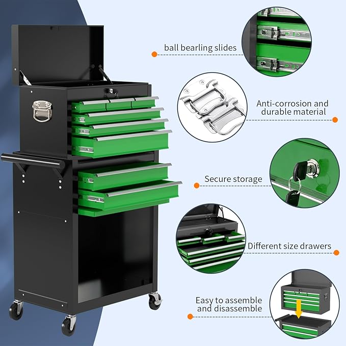 8-Drawer High Capacity Rolling Tool Chest with Wheels, Big Tool Storage Removable Tool Box Combo, Tool Storage Cabinet with Lockable Drawers, Toolbox for Workshop (Black&Green)