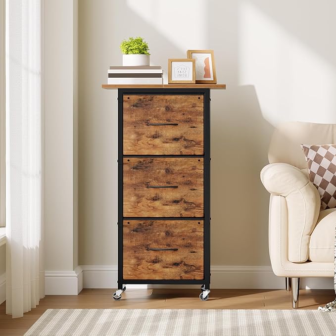 3 Drawer File Cabinet, Vertical Filing Cabinet with Wheels, Printer Stand with File Cabinet, Adjustable Hanging Rods, fits A4/Letter Size, for Home Office, Rustic Brown and Black FCHR5901