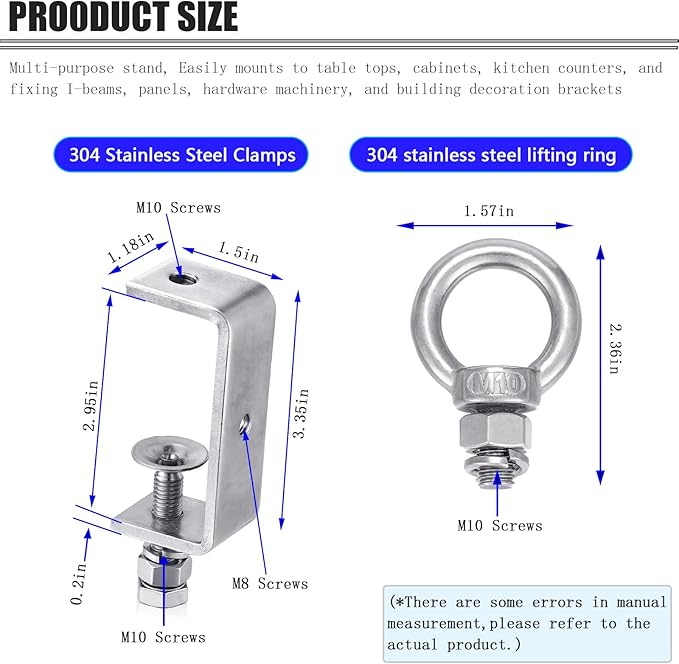 C Clamps – 304 Stainless Steel Beam Clamps with M10 Screw Ring | Adjustable, Rust-Resistant I Beam Clamps for Ring Beams, Welding, Woodworking, Plants & Desk Use. Wide Jaw Openings(75MM)2-Pack