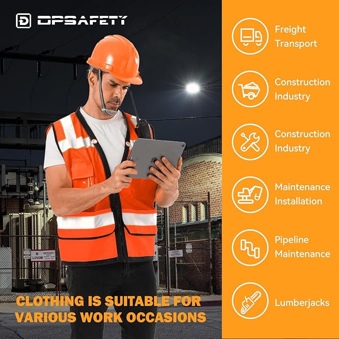 Reflective Safety Vest With Back Pocket, High Visibility Class 2 Heavy Duty Surveyor Vest with Zipper, ANSI/ISEA Standard, Construction Work Vest for Men & Women (Orange, 4XL)