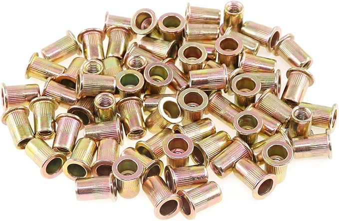 Keadic 150Pcs M6 Rivet Nuts Metric Zinc Plated Rivet Nut Carbon Steel Rivet Nut Flat Head Threaded Insert Kit Threaded Rivet Insert Nutsert Rivnuts Kit for Furniture