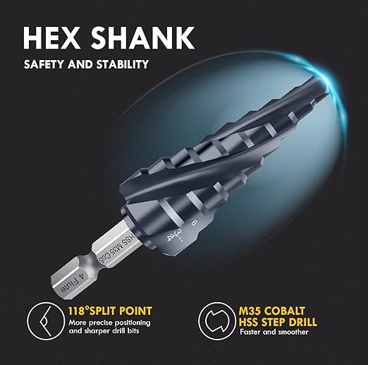 𝗠𝗔𝗖𝗫𝗖𝗢𝗜𝗣 𝗙𝗼𝘂𝗿 𝗦𝗽𝗿𝗶𝗮𝗹 𝗙𝗹𝘂𝘁𝗲 M35 Cobalt Step Drill Bit, 1/4"-3/4" Ultra 𝗧𝗶𝗔𝗜𝗡 Coated, 1/4" Hex Shank Drill Bit for Metal, Stainless Steel, Aluminum, Copper, Wood, PVC