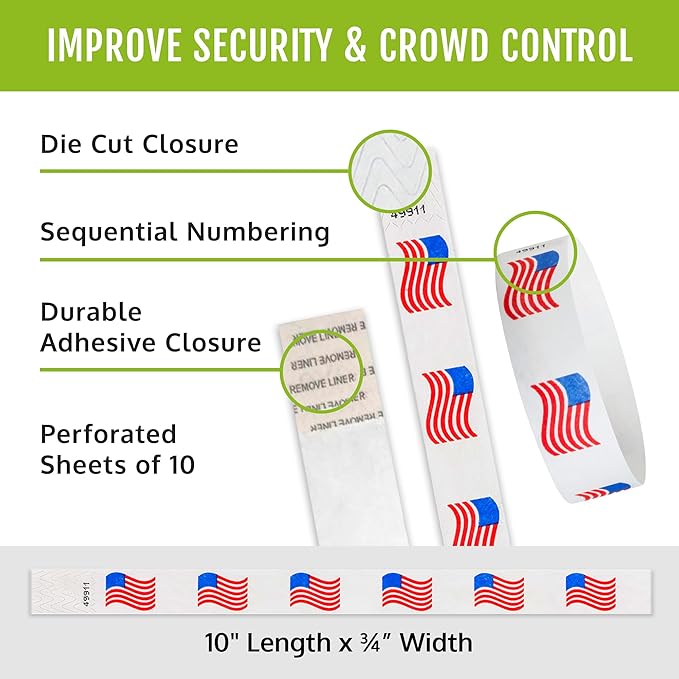 500 WristCo Wavy Flag Tyvek Wristbands for Events – Security Cuts & Tamper-Proof Design to Prevent Reuse – Premium-Grade Bracelets for Hospital & Medical ID, Party & VIP Identification