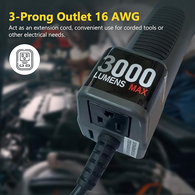 Portable Corded LED Work Light with Outlet in Handle, COB LED, 3000 Lumen 25ft 16AWG 3C SJTOW Cord Handheld Work Light, Strong Magnet, Swivel Hook for Mechanic, Garage, Workshop, Car Repair
