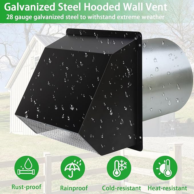 3 Inch Dryer Vent Cover Wall Vent Hood with Screen and Damper,Outdoor Dryer Vent Covers Outside Exhaust Vent Cover for Duct Air Ventilation,Wall Mount Extractor Vent Cap,Galvanized Steel,Black