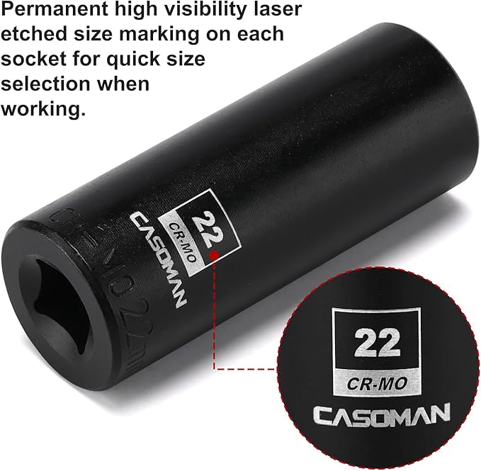 CASOMAN 1/2-Inch Drive x 22mm Deep Impact Socket, 6-Point, Metric, CR-MO