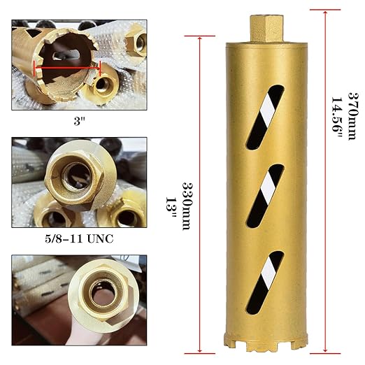 3" Dry Core Drill Bits for Cured Concrete with Rebar Brick Blonck Masonry etc 12.2in/310mm Drilling Depth，10mm Diamond Segment Height，2 Adapters
