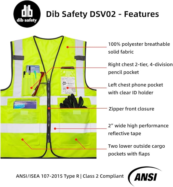 Dib Safety Vest Reflective ANSI Class 2, High Visibility Vest with Pockets and Zipper, Construction Work Vest Hi Vis Yellow 4XL