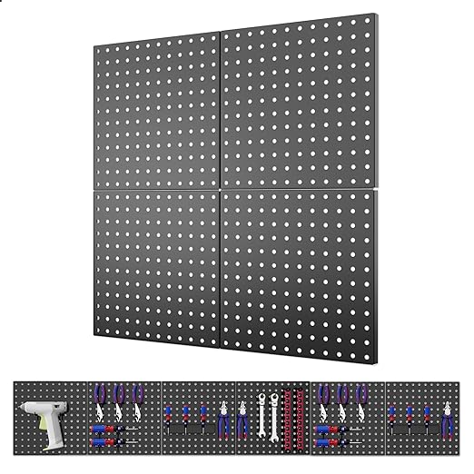 ValueMax 4 Pack Metal Pegboard Panels, 12”x 12” Heavy Duty Metal Pegboard Wall Organizer for Home, Garage, Workbench, Kitchen, Craft Room Tool Storage, Black Modular Peg Board Organizer Board