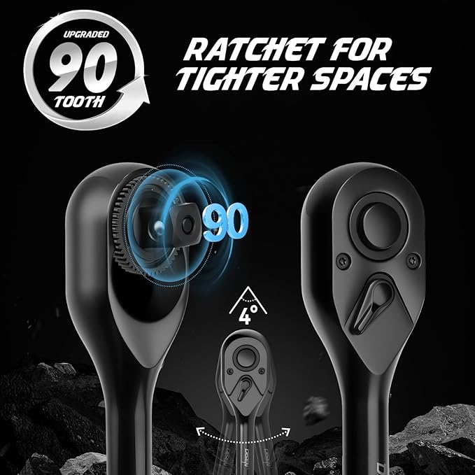 DISEN 3PCS Black Ratchet Set (1/2", 3/8", 1/4" Drive) - 90-Tooth Contour Handle, Black Oxide Finish with Reversible Quick Release & EVA Tray - Industrial Ratchet Wrench Kit