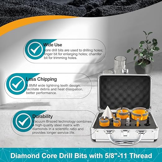 Diamond Tile Hole Saw Kit 10pcs - 6/6/8/25/35/50/65mm Diamond Core Drill Bits with 10mm Finger Bit and 50mm Chamfer Bit Trimming Holes and SDS Adapter for Tile Porcelain Marble