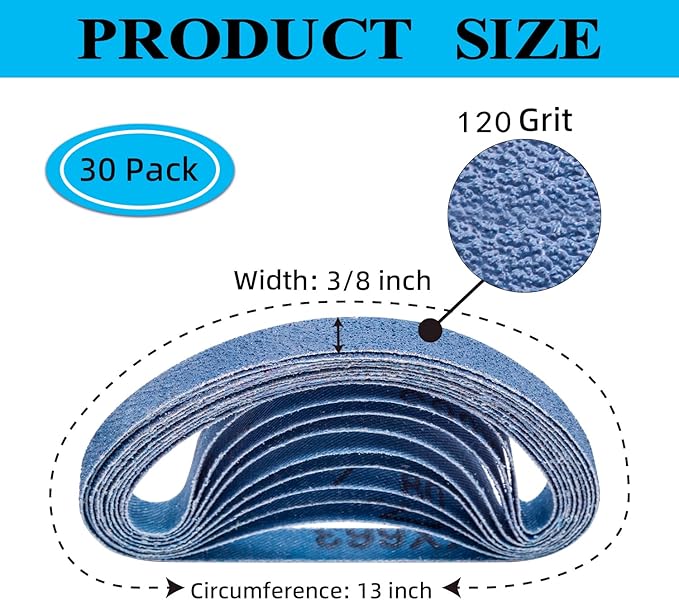 3/8x13 Inch Sanding Belts for Belt Sander, 30 Pack 3/8 x 13 Zirconia Sanding Belts 120 Grit, Zirconia Belt Sander Sanding Belts for Metal Polishing (3/8x13in, 120 Grit)