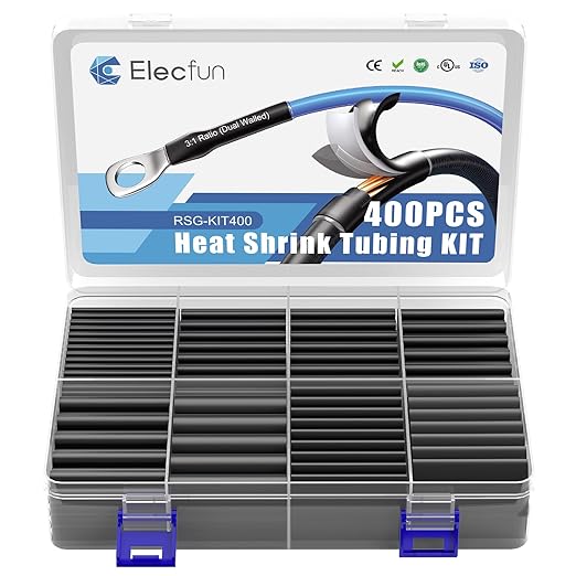 ELECFUN Waterproof Heat Shrink Tubing Kit 400 pcs, 3:1 Dual Wall Tube - Adhesive Lined Heatshrink for Wires - Marine Grade and Industrial Shrinkable Wiring Wrap Fully Insulation Black, 7 Sizes