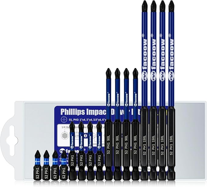 Phillips Impact Driver Bits, #1 Phillips Head Magnetic Screwdriver Bits Set, 1"-6“ S2 Alloy Steel Impact Bits, 1/4" Hex Shank Screwdriver Drill Bit, CNC Machined ph1 Impact Drill Bits,16 Pack