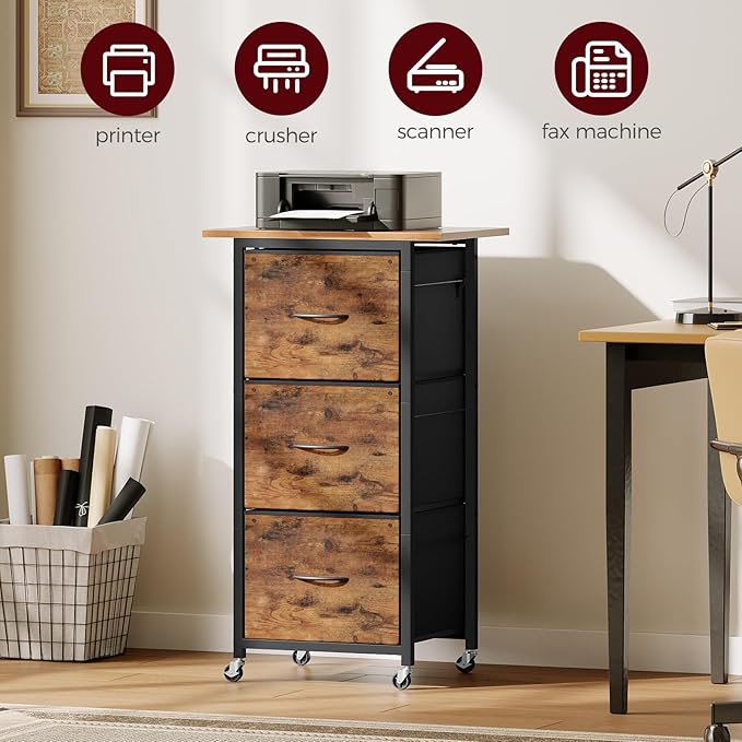 3 Drawer File Cabinet, Vertical Filing Cabinet with Wheels, Printer Stand with File Cabinet, Adjustable Hanging Rods, fits A4/Letter Size, for Home Office, Rustic Brown and Black FCHR5901