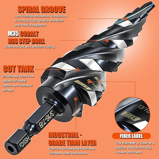 Four Spiral Flute Step Drill Bit for Metal,M35 Cobalt Unibit Step Drill Bit Set 3/16" - 7/8"(12 Sizes),Wear-Resistant AlTiN Coated,1/4" Hex Shank for Metal, Stainless Steel, Aluminum, Plastic