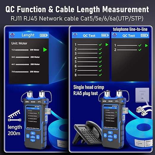 NOYAFA NF-8508 Network Cable Tester with Optical Power Meter VFL, RJ11 RJ45/PoE Tester/CAT5 CAT6/length Measurement, Telephone line Trace Meter with Headset, Network Tools